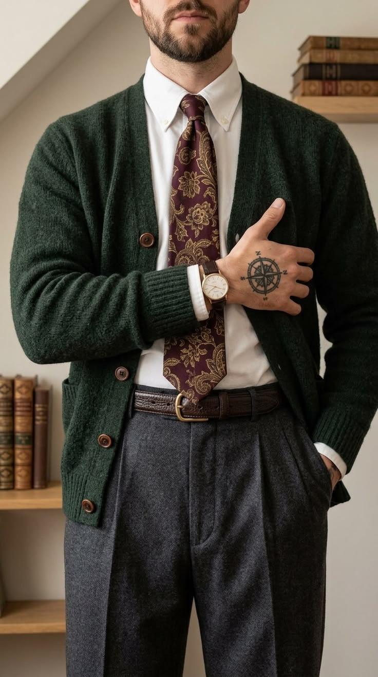 Burgundy paisley cardigan with pleated flannel