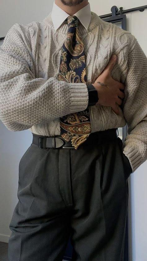 Cable knit over shirt and tie