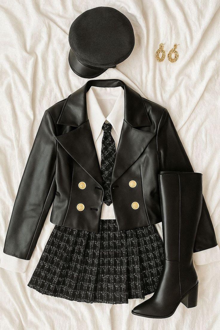 Black leather ensemble with gold buttons and knit tie