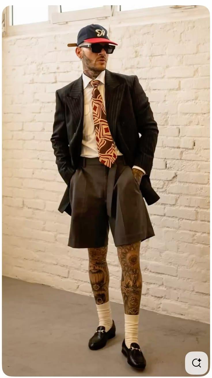 Pinstripe coat over tailored shorts