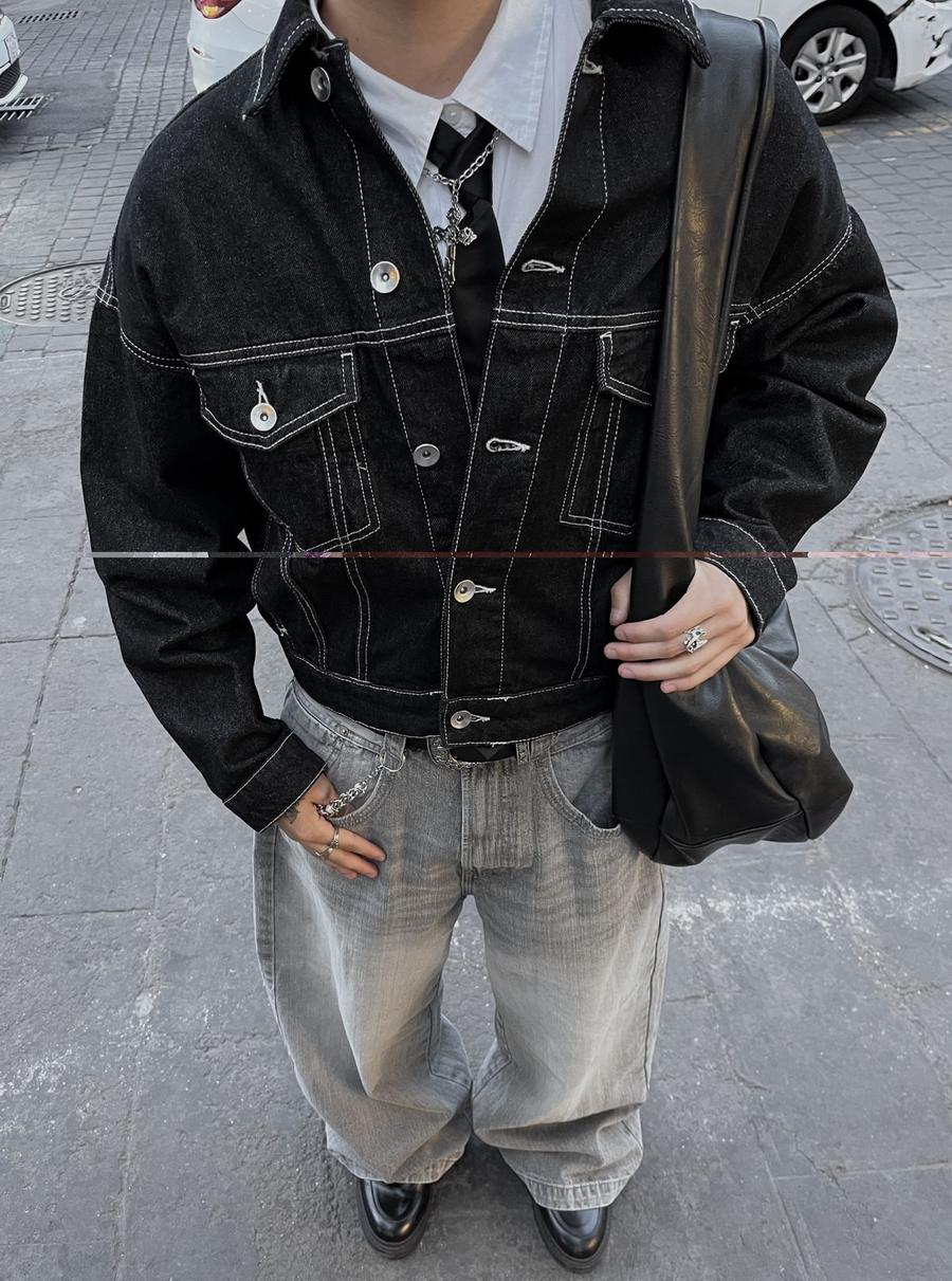 Black denim over shirt and tie with chain