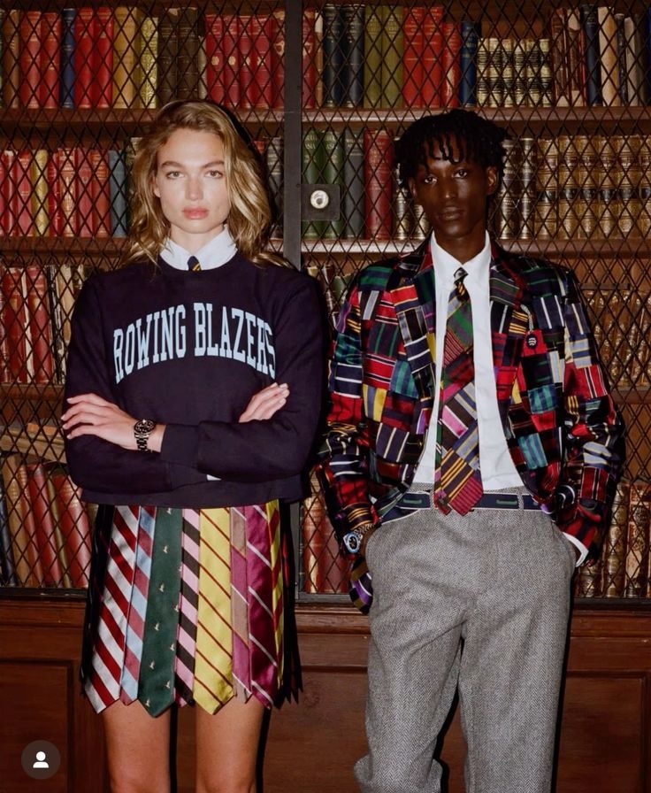 Rowing blazer and tie skirt in a library