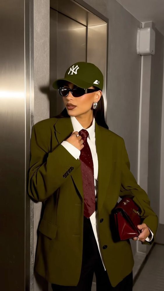 Olive blazer, tie, cap
