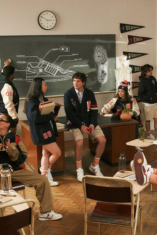 Classroom: chalkboard, pennants, varsity
